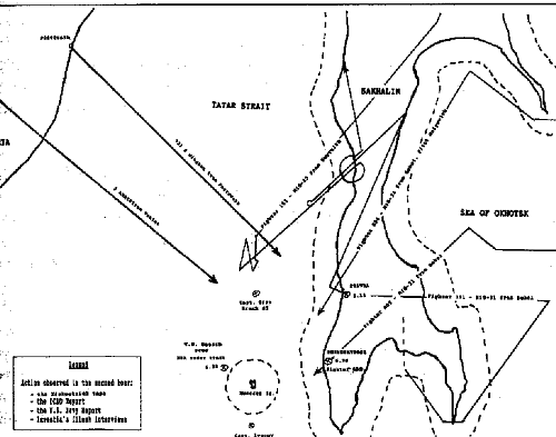 Рис.17. События второго часа воздушной битвы над Сахалином, вероятно включившего перехват и уничтожение четырех военных самолетов-нарушителей.