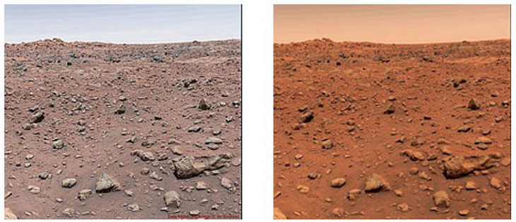 Два варианта первого цветного снимка НАСА с поверхности Марса (Viking Lander 1)